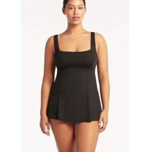 SEA LEVEL‎ SWIM Eco Essentials Swim Dress 14 Black Square Neck Tummy Control NWT